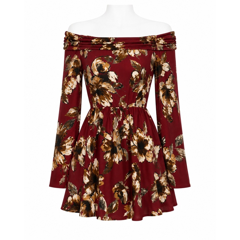 Womens Burgundy Floral Off Shoulder Mini Dress Long Sleeve Boho Small